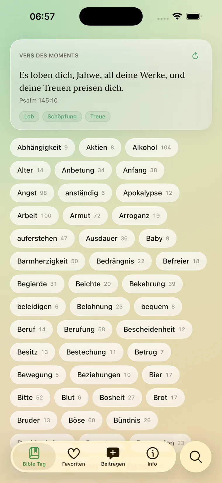 Home-Screen mit Themen-Wolke