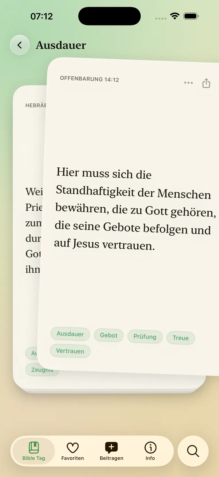 Vers-Stapel zu einem Thema, die vordere Karte wird zur Seite gezogen