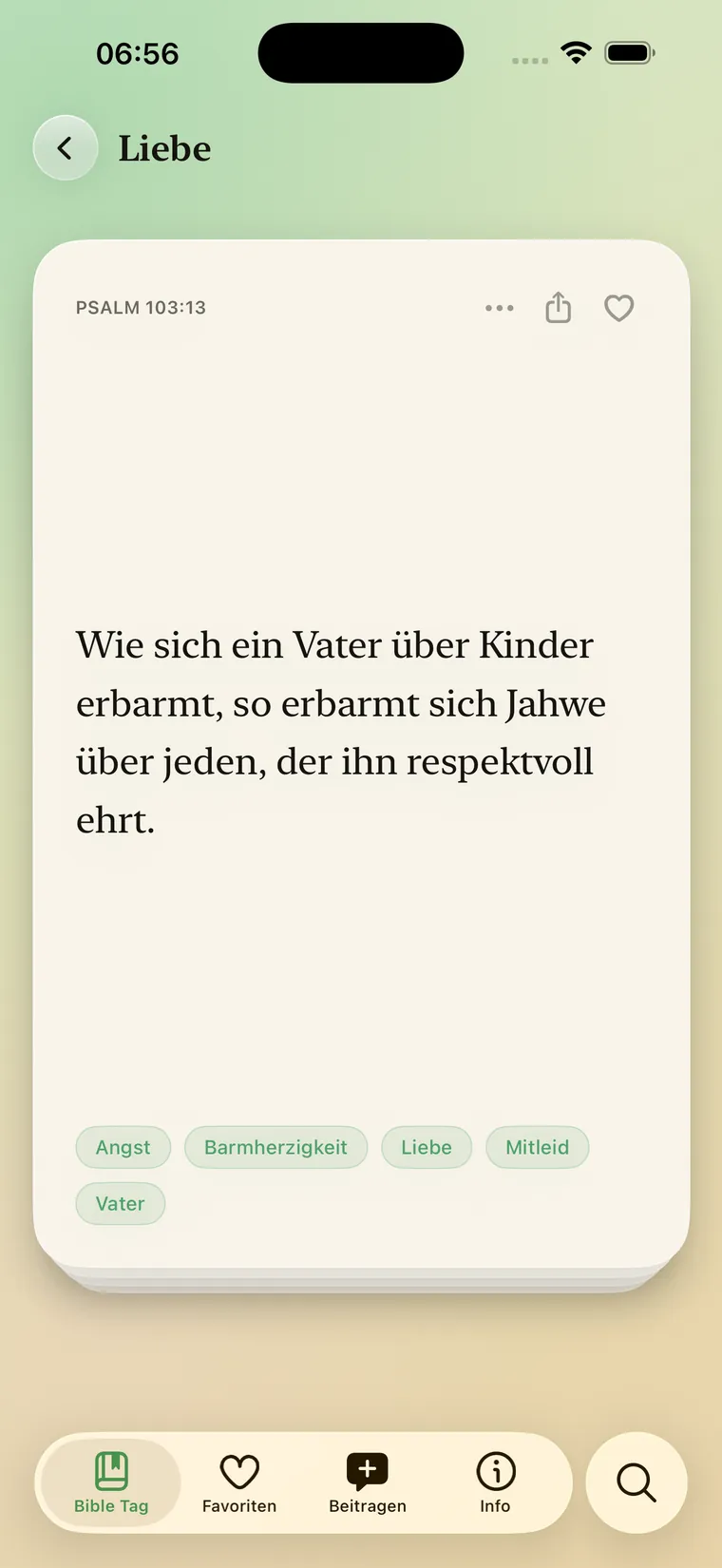 Vers-Karte mit Themen-Pillen und Teilen-Symbol