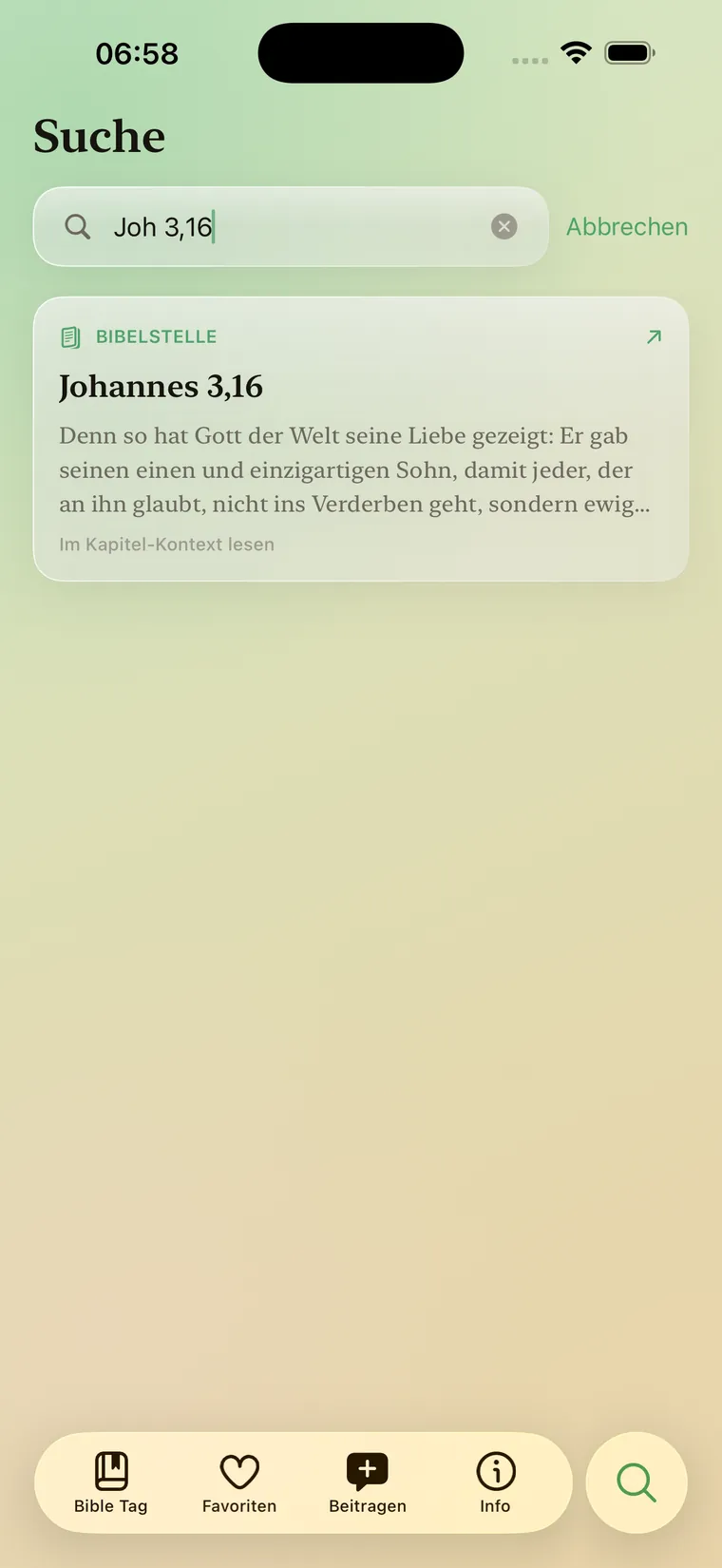 Such-Tab mit erkannter Bibelstelle